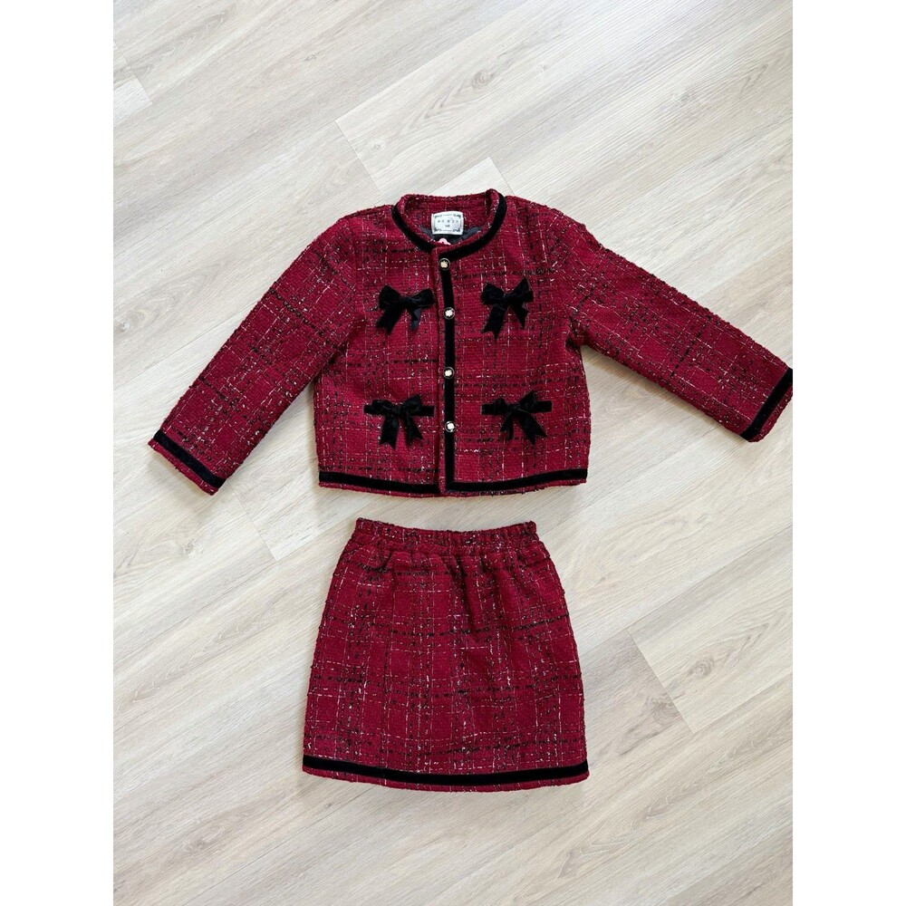 NWT Girls Tweed Plaid Jacket & Skirt Set Red Black Bows Lined 6-7 Years Kawaii